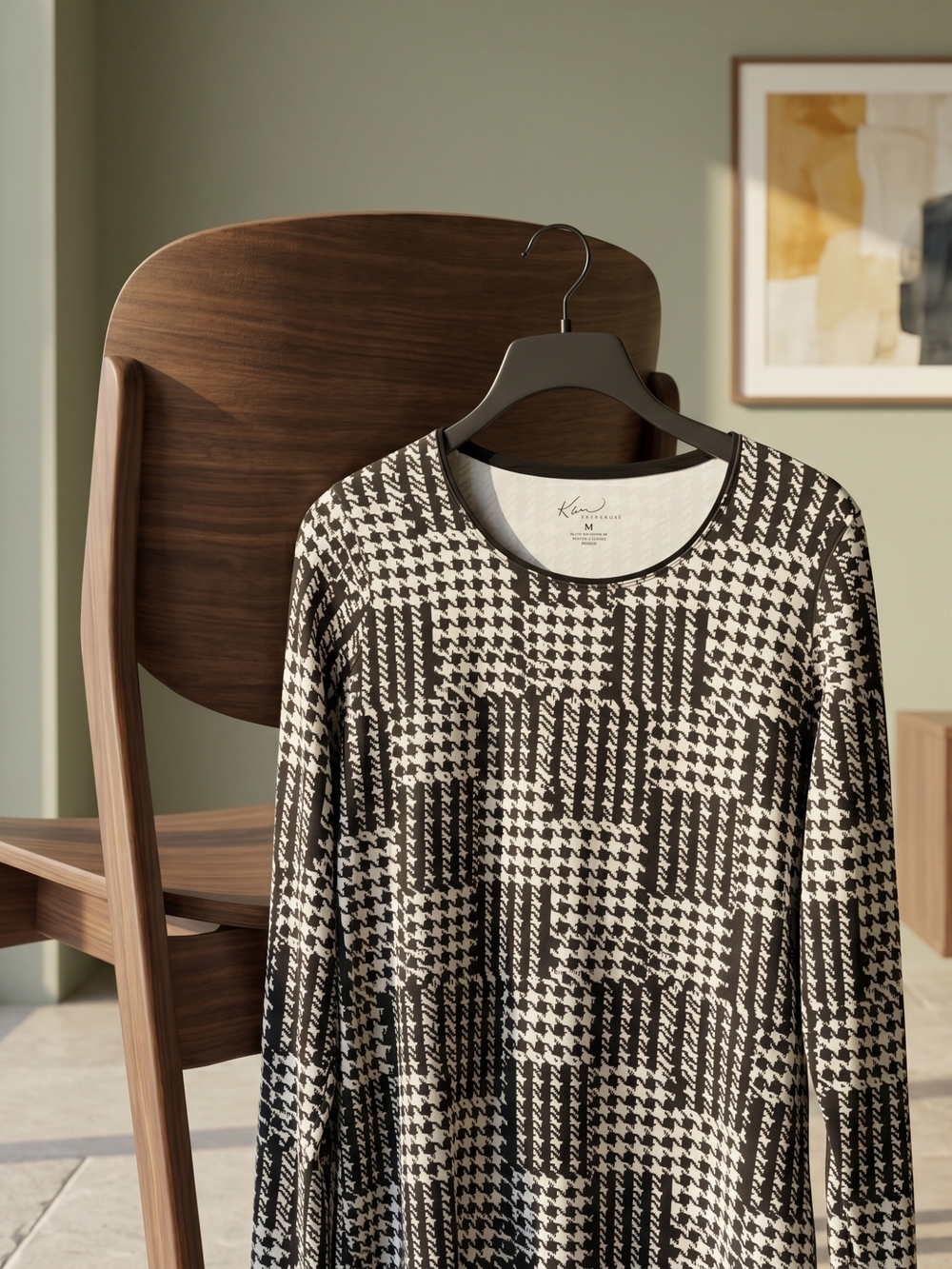 Kim Rogers Black and Cream Houndstooth Checkered Pattern Crew Neck Top